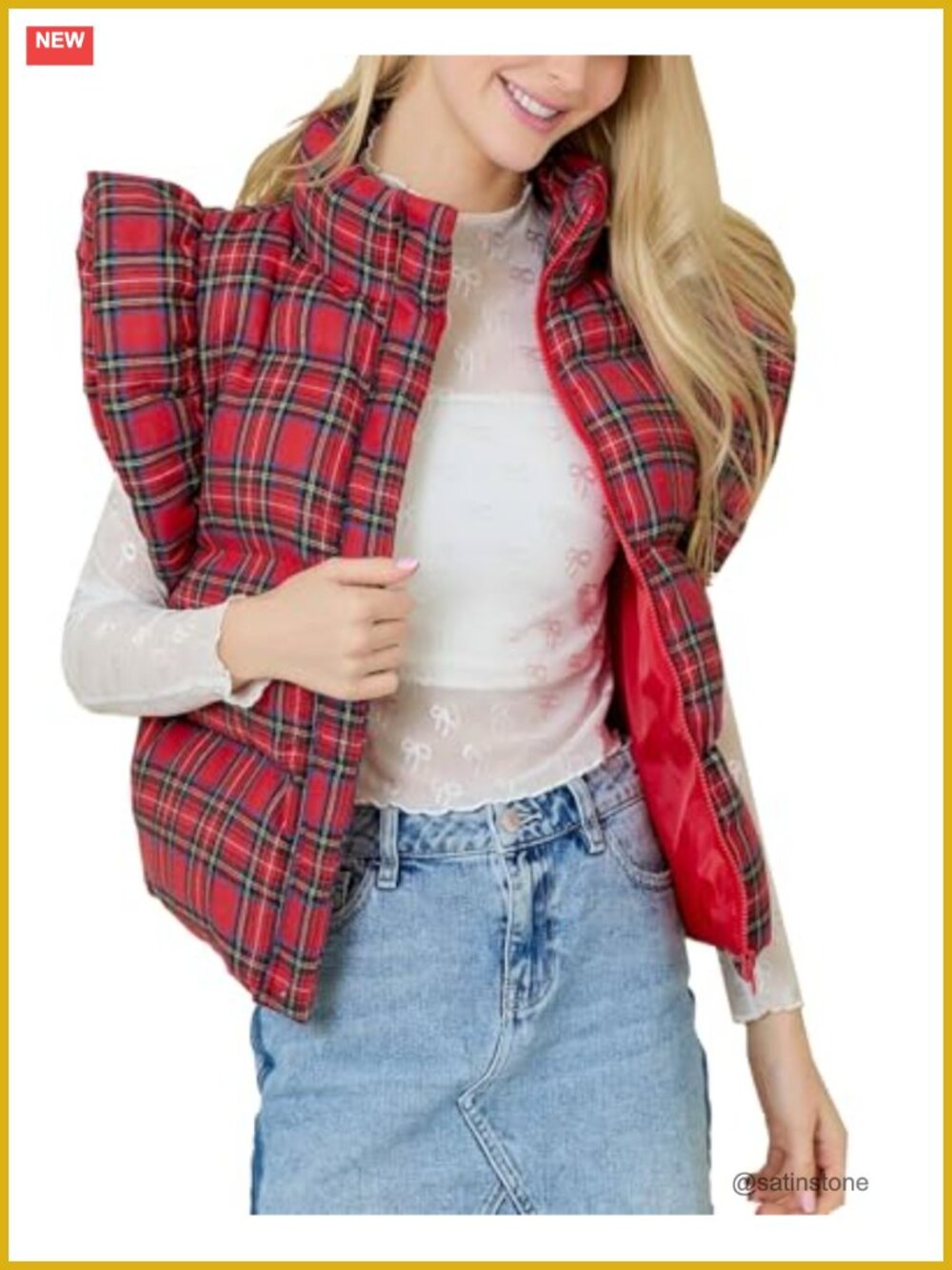 Kedera Women's Plaid Puffer Vest Ruffle Sleeveless Quilted Button Down Winter